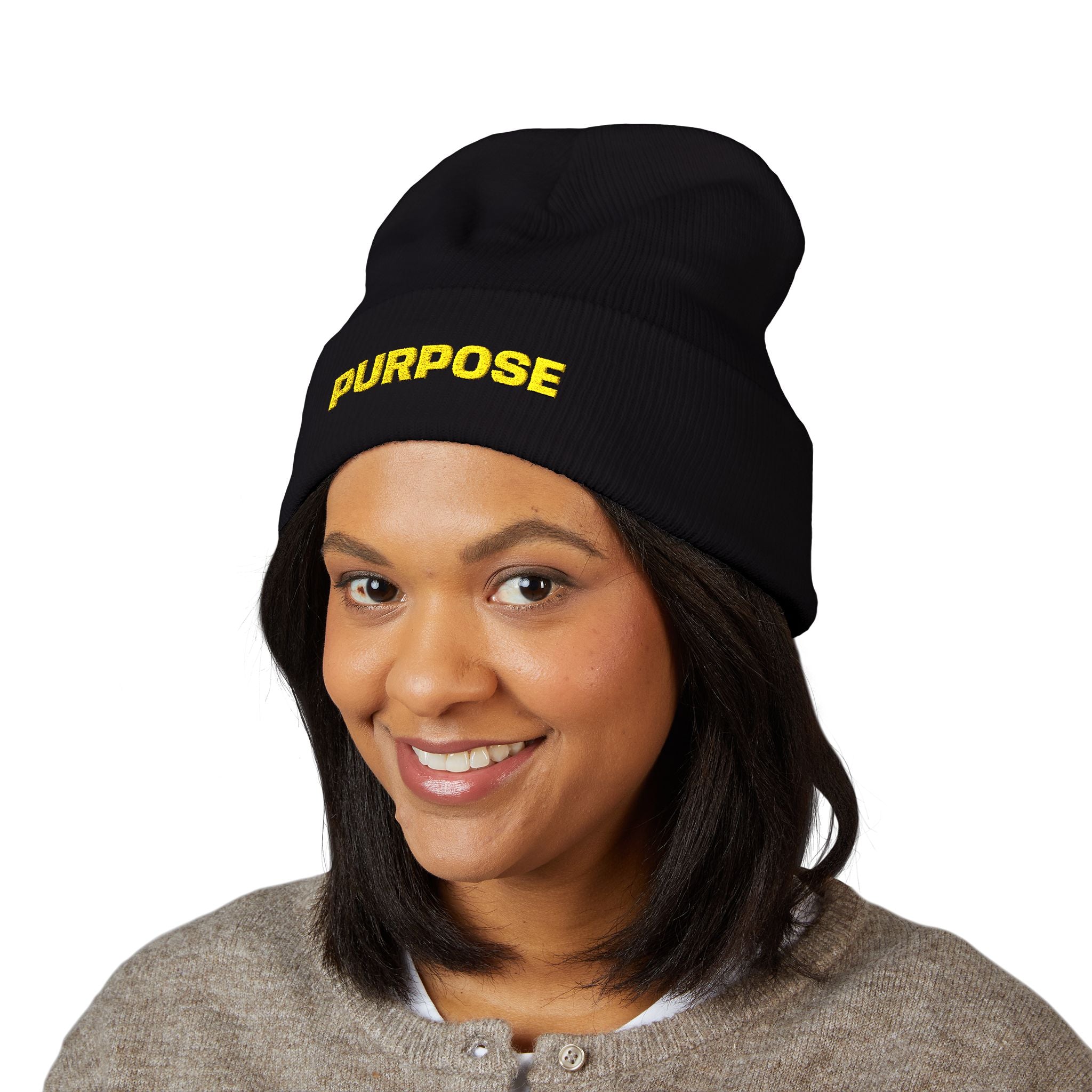 Purpose Embroidered Cuffed Beanie — Motivational Knit Hat